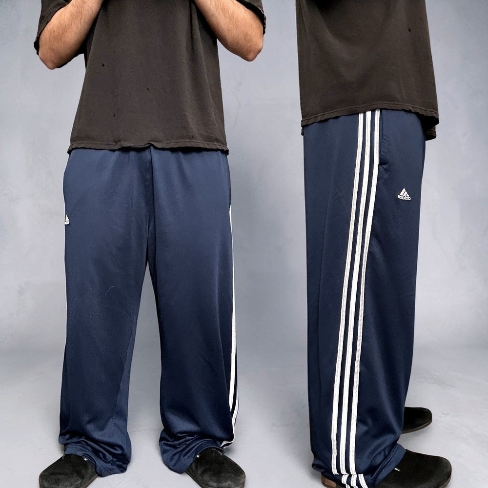 Adidas Navy Blue Baggy Track Pants White Stripes Skater Y2K Size XL